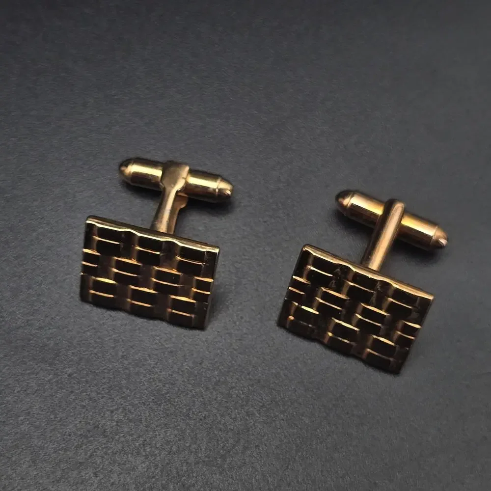 Gold Tone Rectangle Cufflinks Textured Brick Lattice Woven